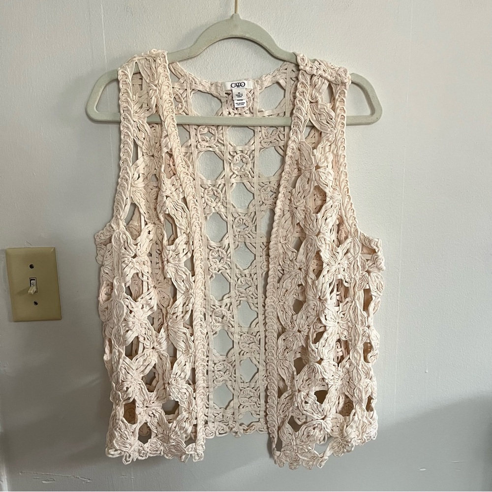 Vintage Crochet Vest open Knit Cotton Sz M Boho Cottagecore Festival Fairy